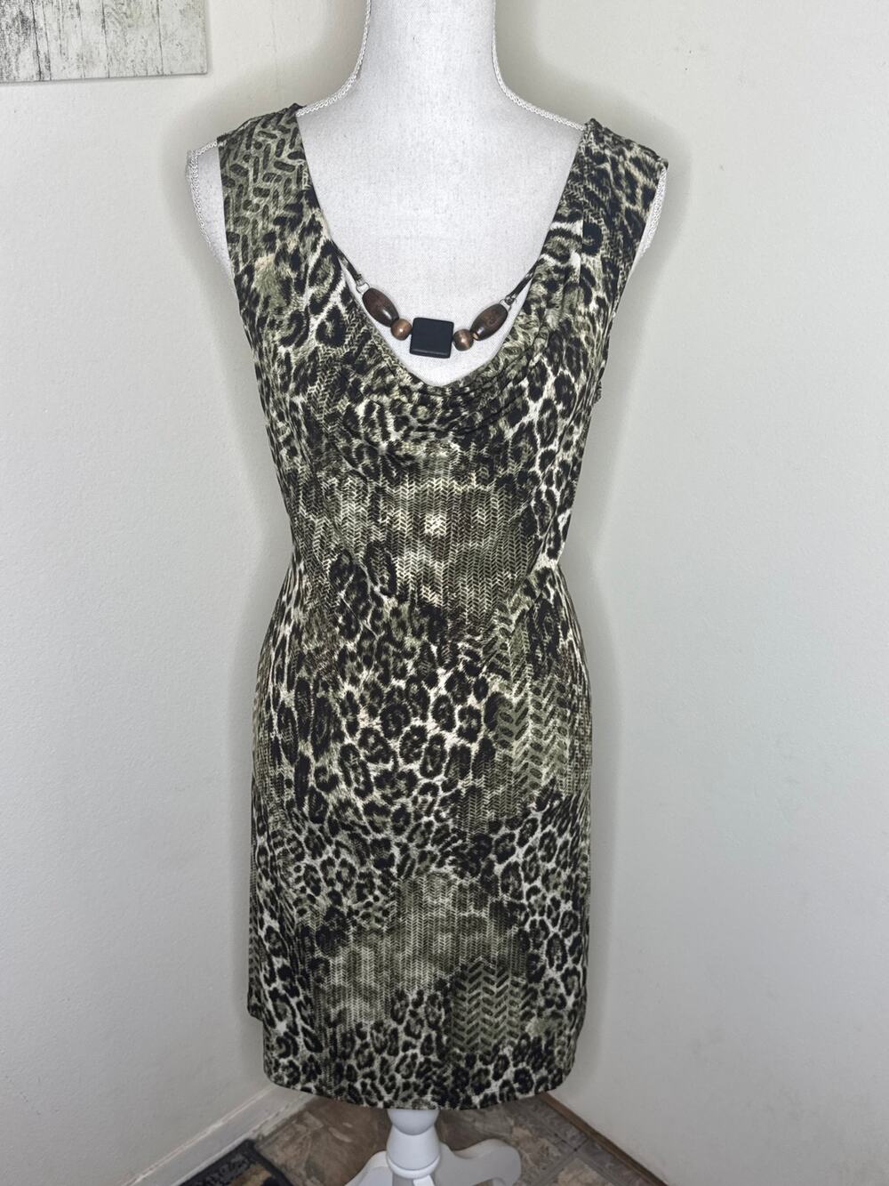 Dressbarn Green Leopard Print Cowl Neck Midi Dress Y2K: Built-In Necklace -Sz 10